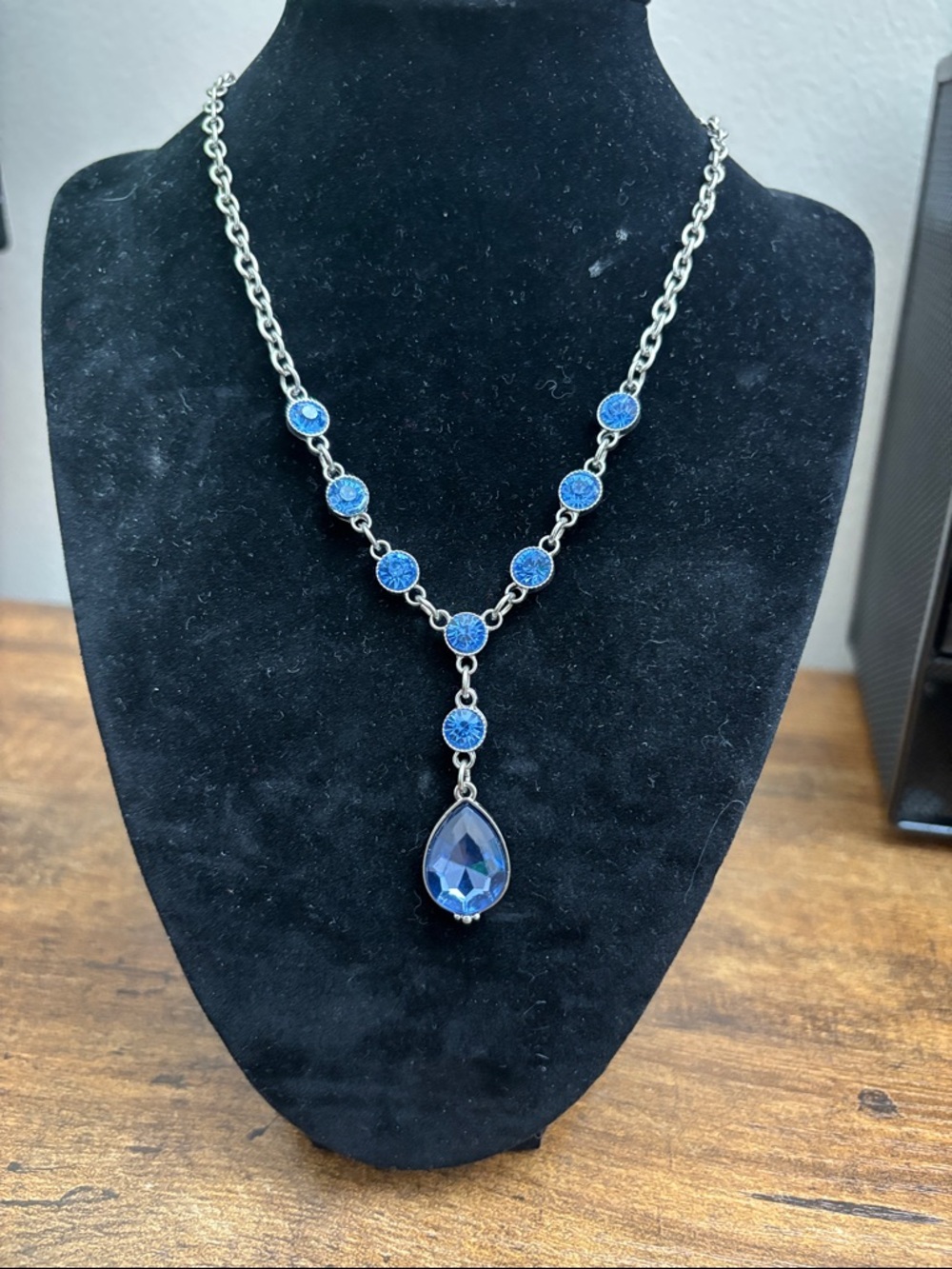1928 Silver-Tone Necklace with Deep Blue Round Accents and Teardrop